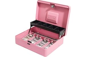 Polspag Cash Box with Key Lock, Locking Cash Boxes for Small Business, Metal Money Box with Money Tray, Lock Safe Box, 4 Bill/5 Coin Slots Portable Steel Cash Box for Vendor Events (Top Key-Pink)