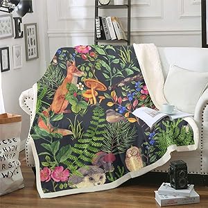 Natural Scene Blanket Throw, Fox Owl Hedgehog Birds Wild Aniaml Mushroom Flower Leaves Branches Plant Fleece Blanket, Decorative Sofa Sherpa Blanket Breathable Durable, Queen 90"x90", Green Black