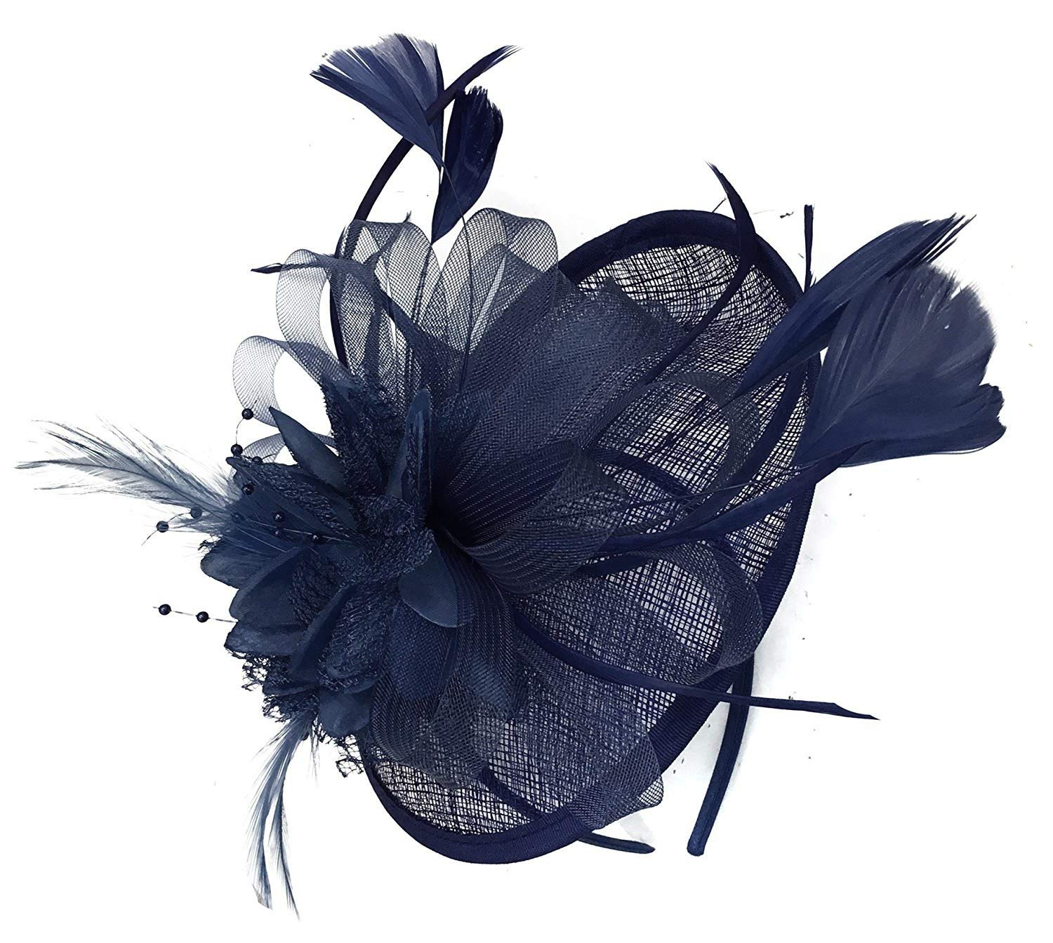 Caprilite Navy Blue Sinamay Disc Saucer Fascinator Hat for Women Weddings Headband