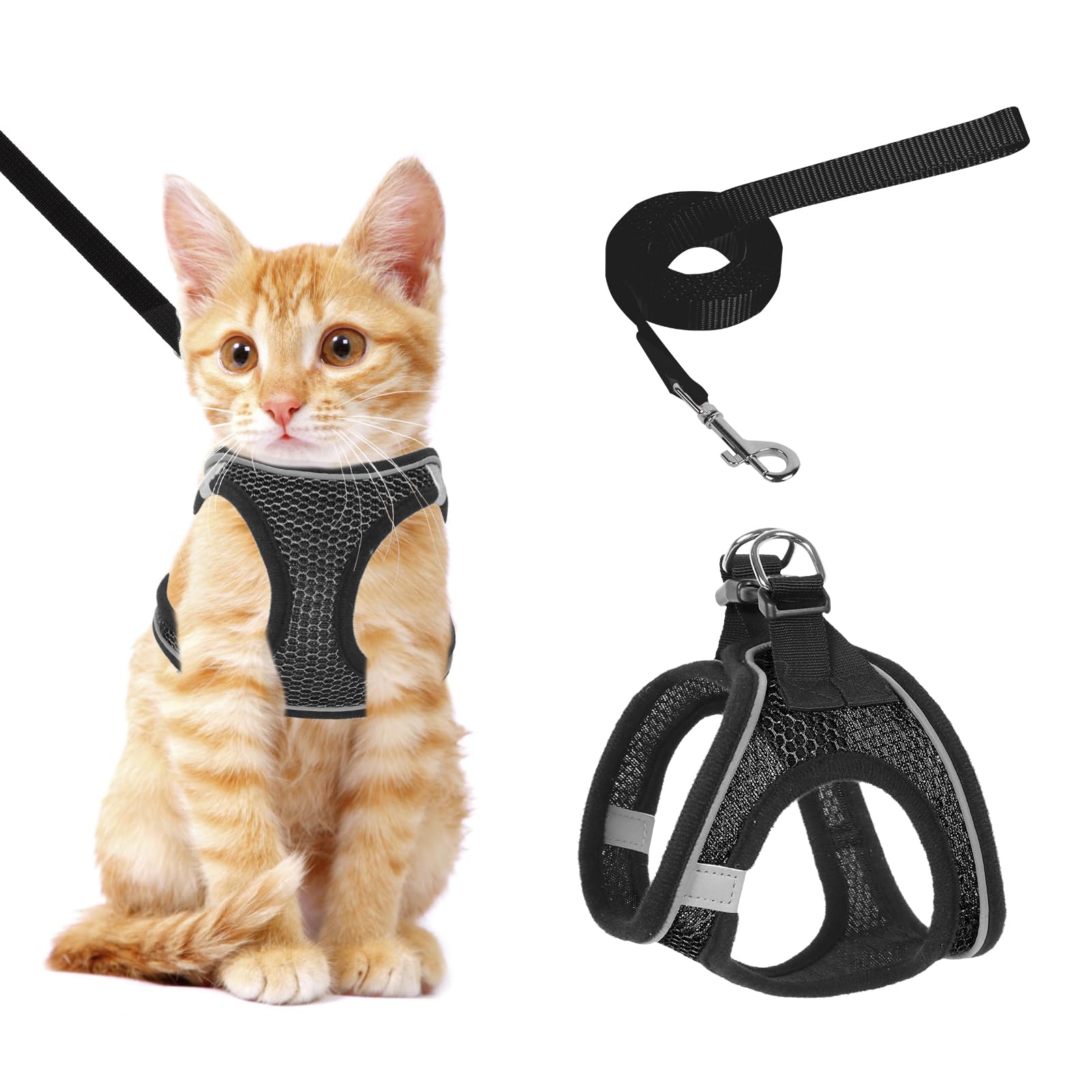 NiCoLa Cat Harness and Lead for Walking, Escape Proof kitten harness and lead set with Reflective Strip, Adjustable Kitten Vest Harness for Small Adult Cat Walking (Black, M)