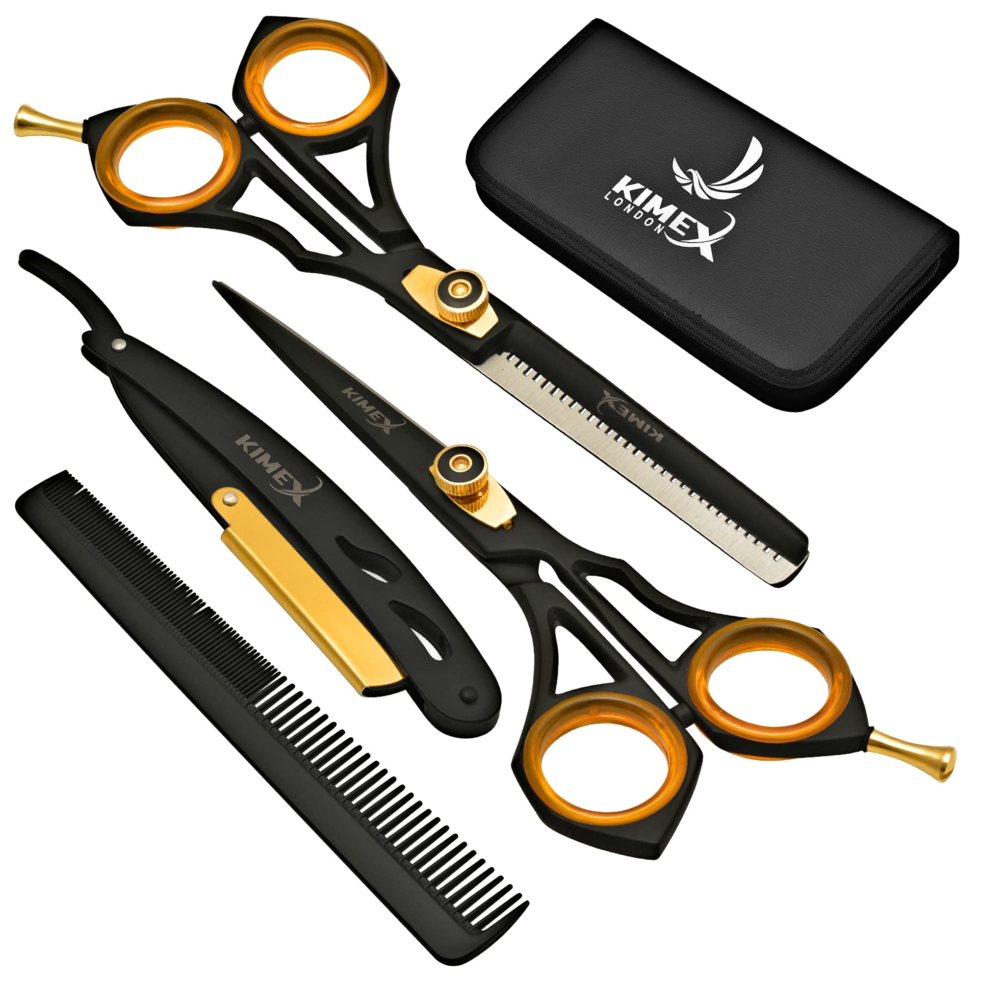 KIMEX LONDON® Hairdressing Barber Hair Scissor set for Professional Hairdressers Barbers Stainless Steel Hair Cutting Shears- Complete set of Scissor+ Thinning Scissor Razor+ Hair Combs+ Leather Cover