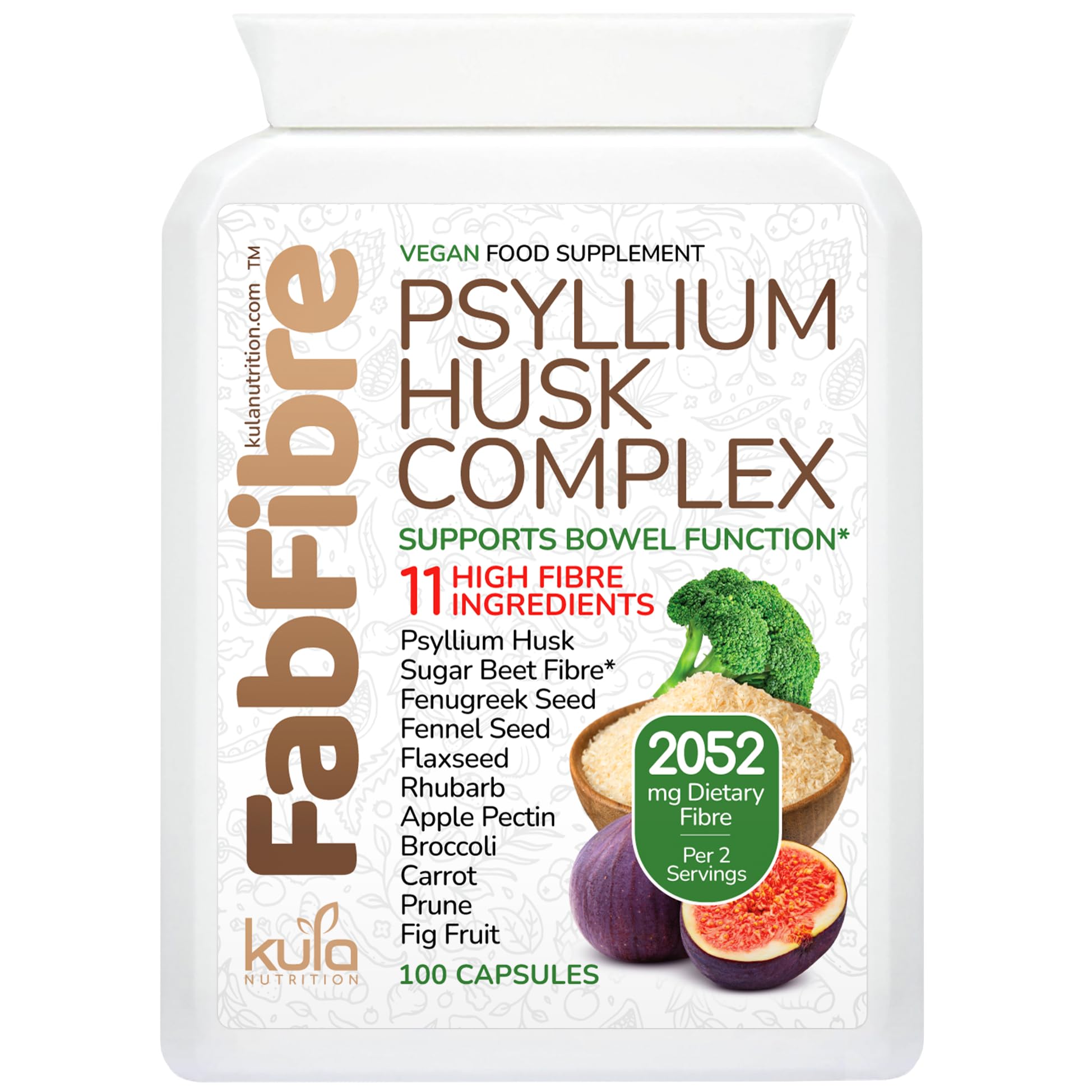 FabFibre - Psyllium Husk Complex - Dietary Fibre Supplement - 11 High Fiber Insoluble and Soluble Foods - Rhubarb, Broccoli, Flaxseed, Apple Pectin - Normal Bowel Function Support - 100 Vegan Capsules