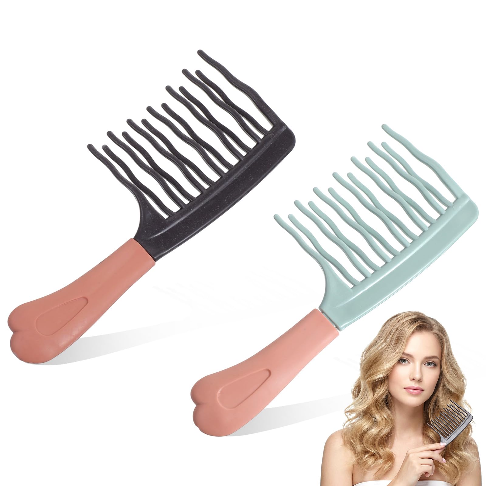 Photo 1 of 2 Pcs Wide Tooth Comb for Curly Hair, Detangling Curly Hair Wide Combs with Double-layer Wavy Large Tooth and Ergonomic Handle for Women Men Curl/Wavy/Thick/Long/Wet & Dry Hairs(Grey + Green)