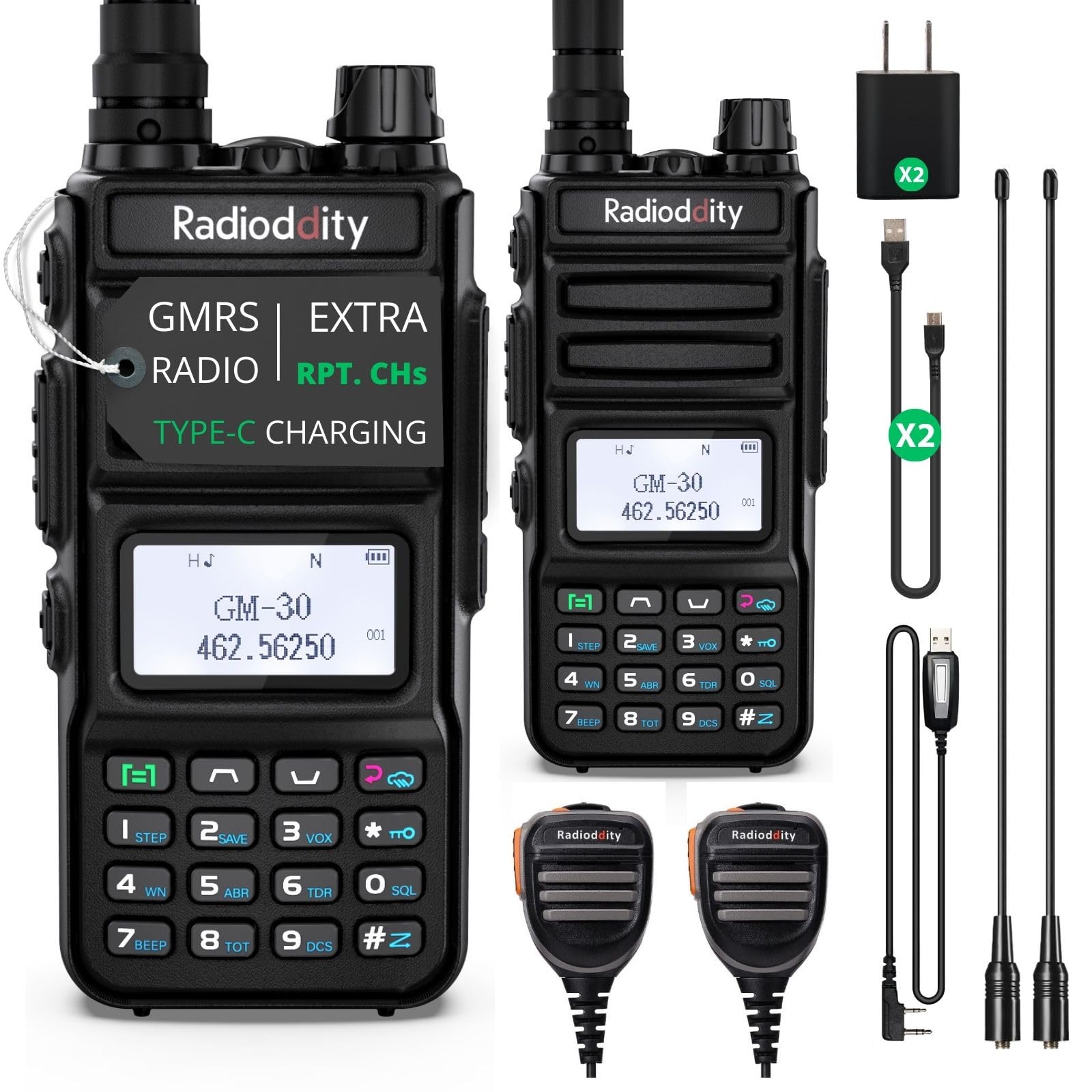 Photo 1 of Radioddity GM-30 GMRS Radio Handheld 5W Long Range, GMRS Repeater Capable, 11 NOAA Channels, Display SYNC. Ideal for Off-Road Overlanding. Includes Programming Cable, 15.5” High Gain Antenna, 2 Pack