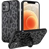 Ufbara Compatible with iPhone 12 Case for Women Girls, Cute Cheetah Leopard Pattern, Built in Adjustable Wrist Strap Grip Hand Holder Stand Shockproof Kickstand Cover (Black)
