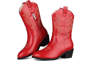 Chumchoi Cowboy Boots for Girls Boys Unisex-Child Embroidered Mid Calf Chunky Heel Western Boots Riding Shoes (Toddler/Little Kid/Big Kid)