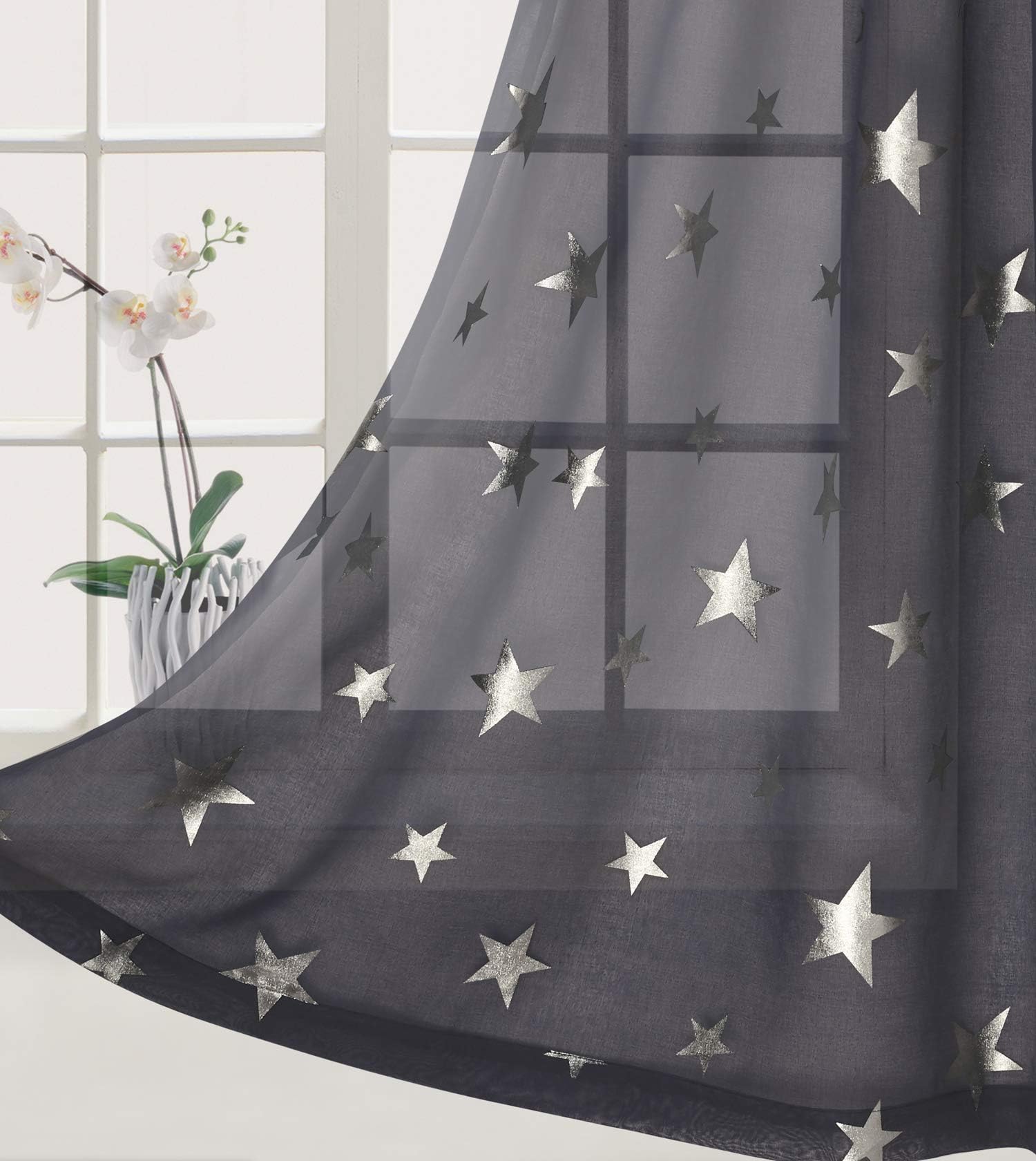 Grey Window Drapes with Foil Print Twinkle Star for Baby Nursery Eyelet / Ring Top 2 Panel 84 Inch Length Thin and Soft Romantic Star Curtains for Cosmic Theme Bedroom Silver Grey