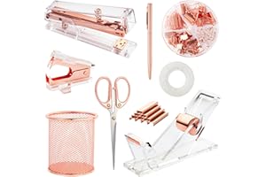 YUUN Rose Gold Desk Accessories, Office Supplies Set with Acrylic Stapler, Tape Dispenser, Staple Remover, Pen Holder, Scissor, Binder Paper Clips, 1 Ballpoint Pen, 1 Clear Tape and 1000pcs Staples
