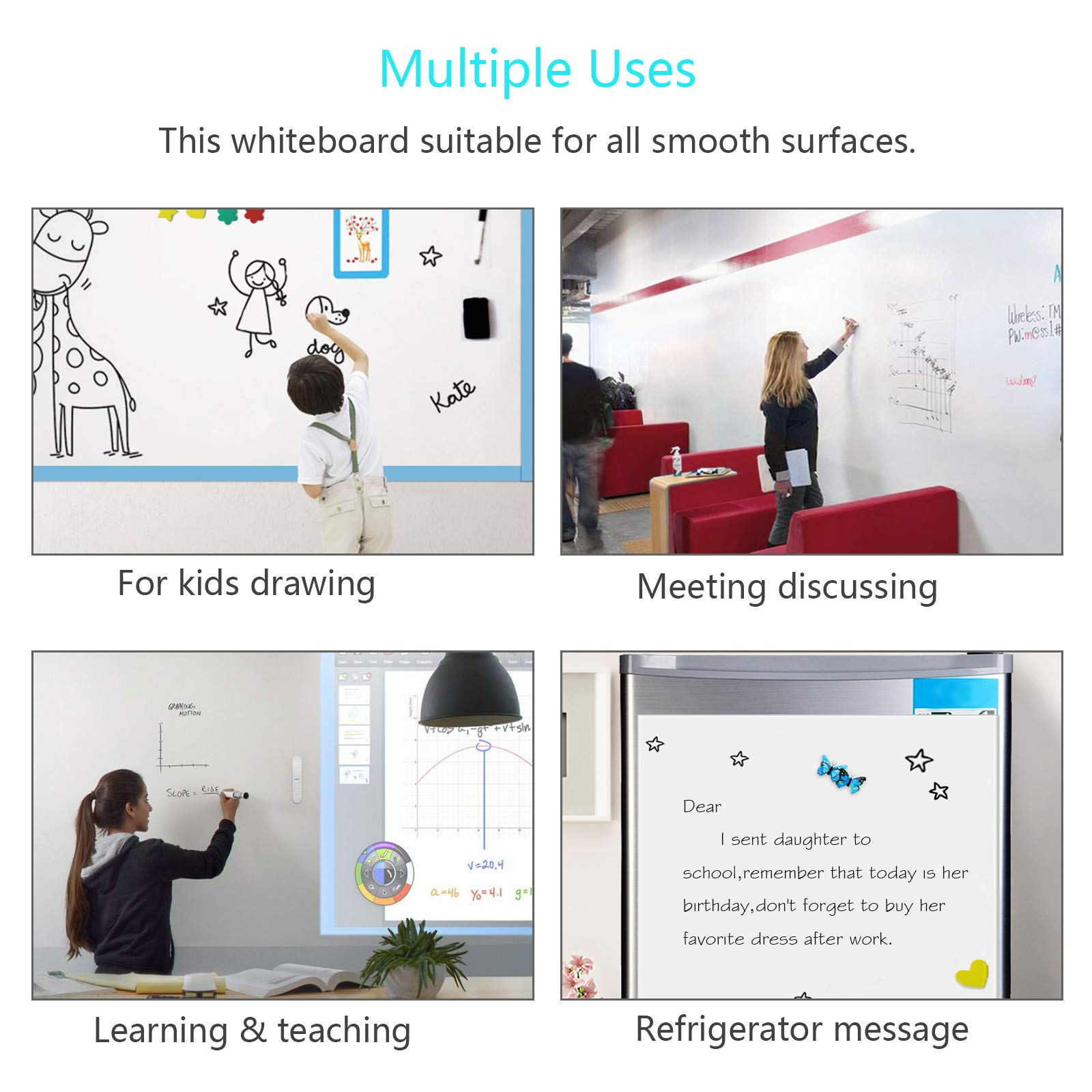 KAKOO Whiteboard Sticker Self-Adhesive Message Board Adjustable Size Wall Decal for Home Room Office Classroom Kids