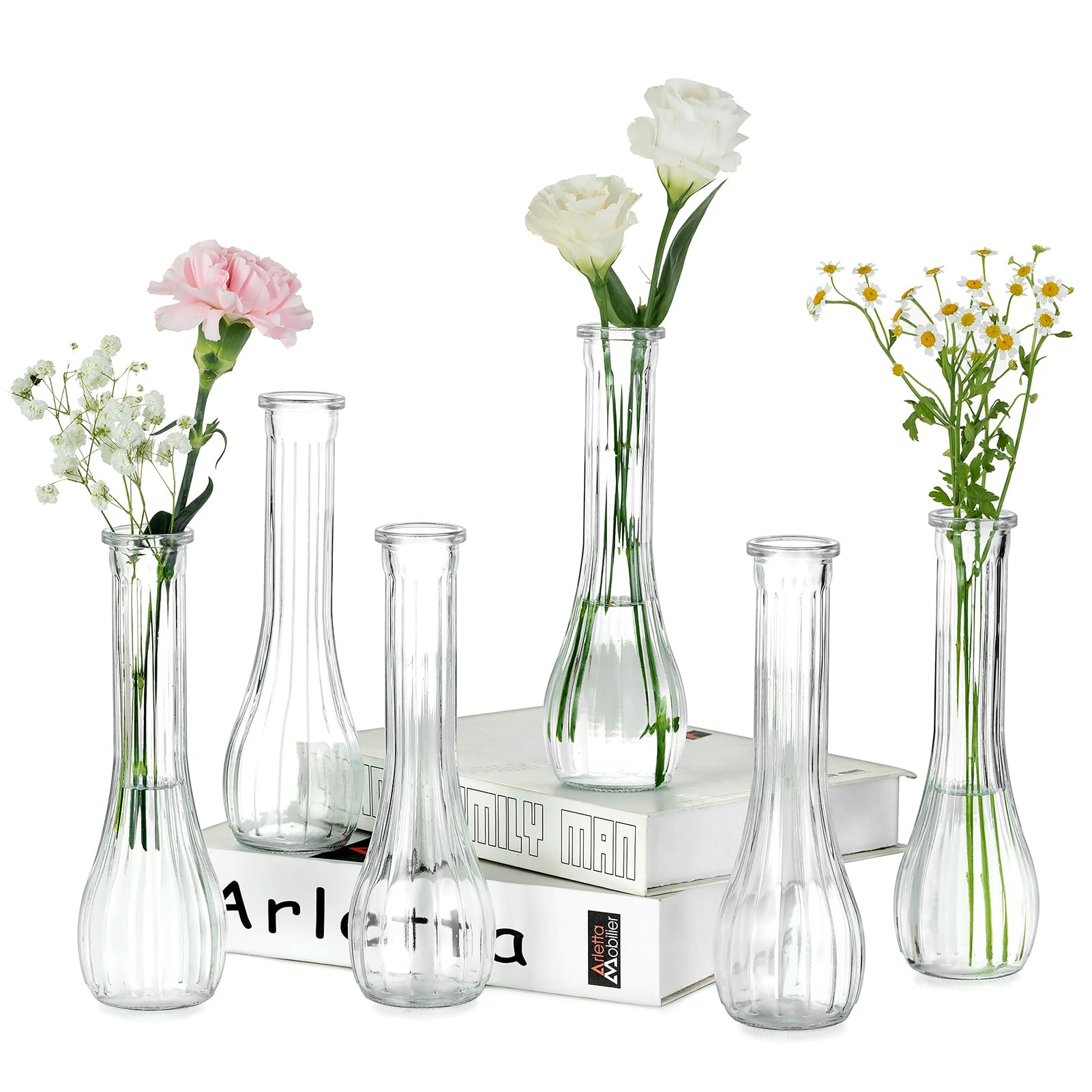 Photo 1 of (used) (missing 2) NUPTIO Glass Bud Vases Centerpiece: 6 Pcs Small Flower Vase for Wedding in Bulk - Cute Clear Ribbed Vase