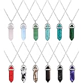 EBOOT womens 12 Pieces Hexagonal Chakra Crystal Bullet Shape Gemstone Pendant Necklaces Pointed Quartz Stone Chain Necklaces Artificial Stone with Storage Bag (Soft Color Set)