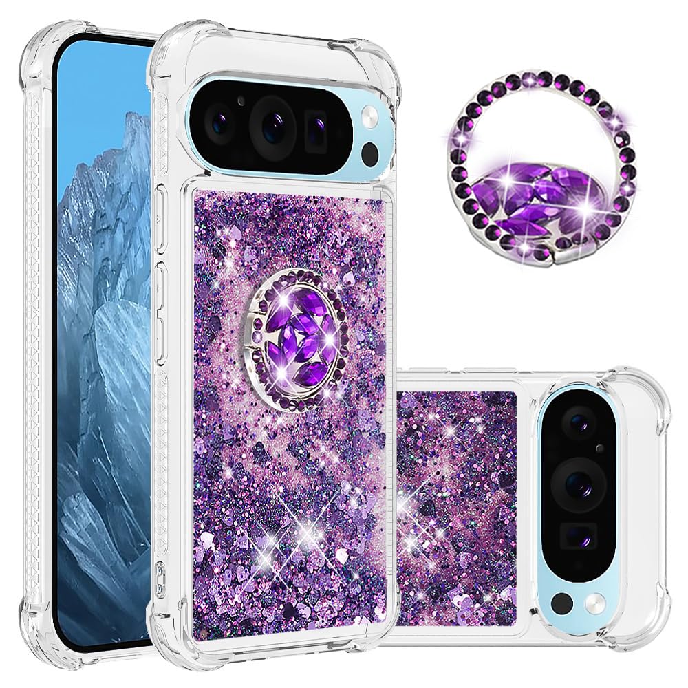SIYOPINPFY Case for Google Pixel 9 Pro XL Case with Diamond Ring Stand for Women, Sparkly Flowing Liquid Quicksand Cover Shockproof Drop Protection Case for Google Pixel 9 Pro XL, Purple Ring YBR