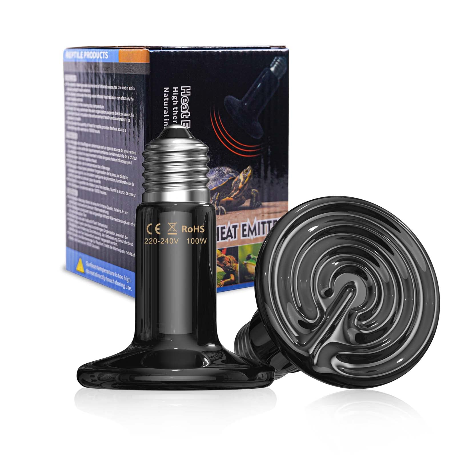 Bonlux 2Pack 100W Reptile Heat Lamp Bulb, E27 Black Ceramic Heat Bulb, No Light, No Harm, Ceramic Heat Emitter, for Reptiles, Lizards, Tortoise, Chicken