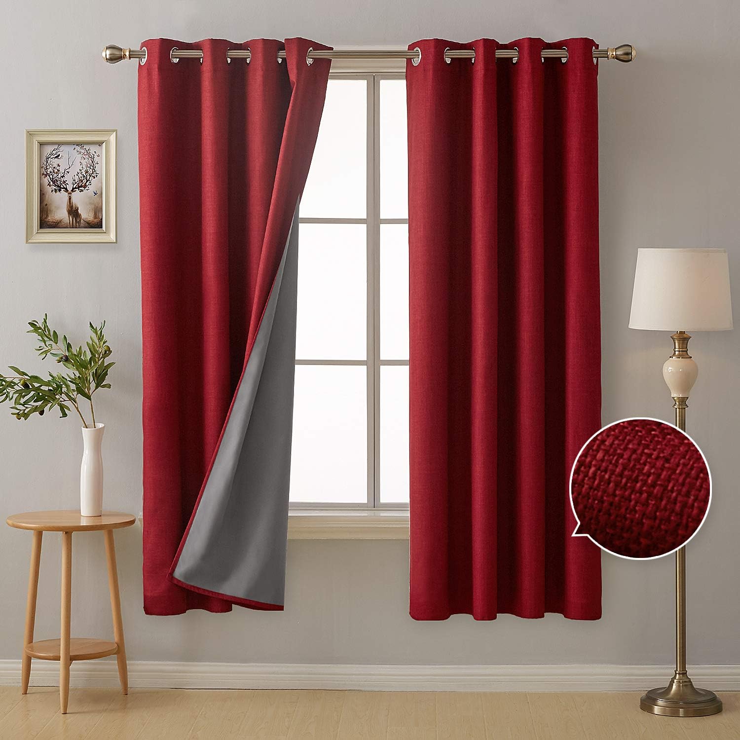 Deconovo 100 Percent Blackout Curtains with 3 Pass Energy Efficient Thermal Insulated Coating Faux Linen Eyelet Curtains for Living Room Red 52x72 Inch 1 Pair
