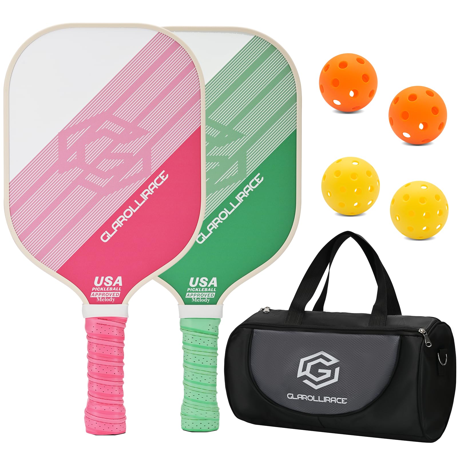 Pickleball Paddles Set of 2 Pickle Ball Paddles,USAPA Approved Pickleball Set of 2 Rackets,Fiberglass Surface & 13MM PP Honeycomb Core,Breathable Handle,4 Indoor & Outdoor Balls,1 Pickleball Bag Image