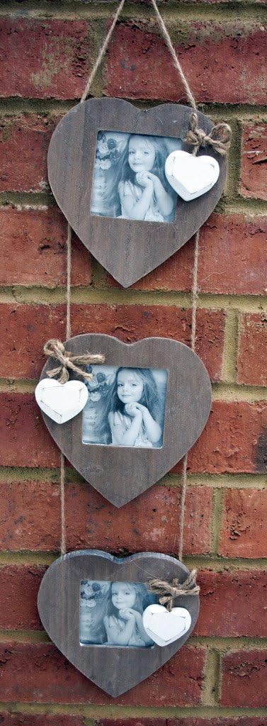Natural Heart Triple Photo Frames with Hanging Wooden Hearts