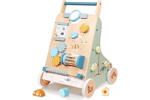 PairPear Wooden Baby Walker, Baby Push Walker, Montessori Walker Toy with Activity Center for Girls Boys, Adjustable Speed Baby Walker for Kids Development
