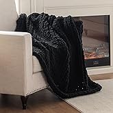 LAST MODA Chunky Knit Blanket Throw, 100% Hand Knit Throw Blanket Handmade Chenille Cable Knit Throw for Couch, Stylish Cozy Soft Rope Knot Crochet Blanket for Home Decor, Black, 50x60 Inches