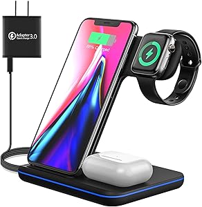 Wireless Charging Station, 3 in 1 Qi Charger for Apple Watch 1/2/3/4/5/SE/6 Airpods 2/pro Wireless Charger for iPhone 12/11/11 Pro/11 Pro Max/XS Max/XS XR Plus Samsung S10 S9 S8 S7