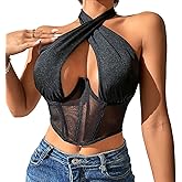 Women's Mesh Lace Patchwork Cami Halter Criss Cross Corset Tank Top Fishbone Bustier Crop Top