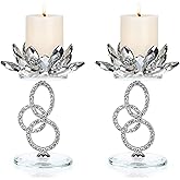 OwnMy Set of 2 Crystal Lotus Flower Candlestick Holders Metal Glass Lotus Pillar Candle Holders, Silver Crystal Lotus Votive Candlesticks Tealight Candle Stands for Wedding Table Centerpiece, 6.1" H