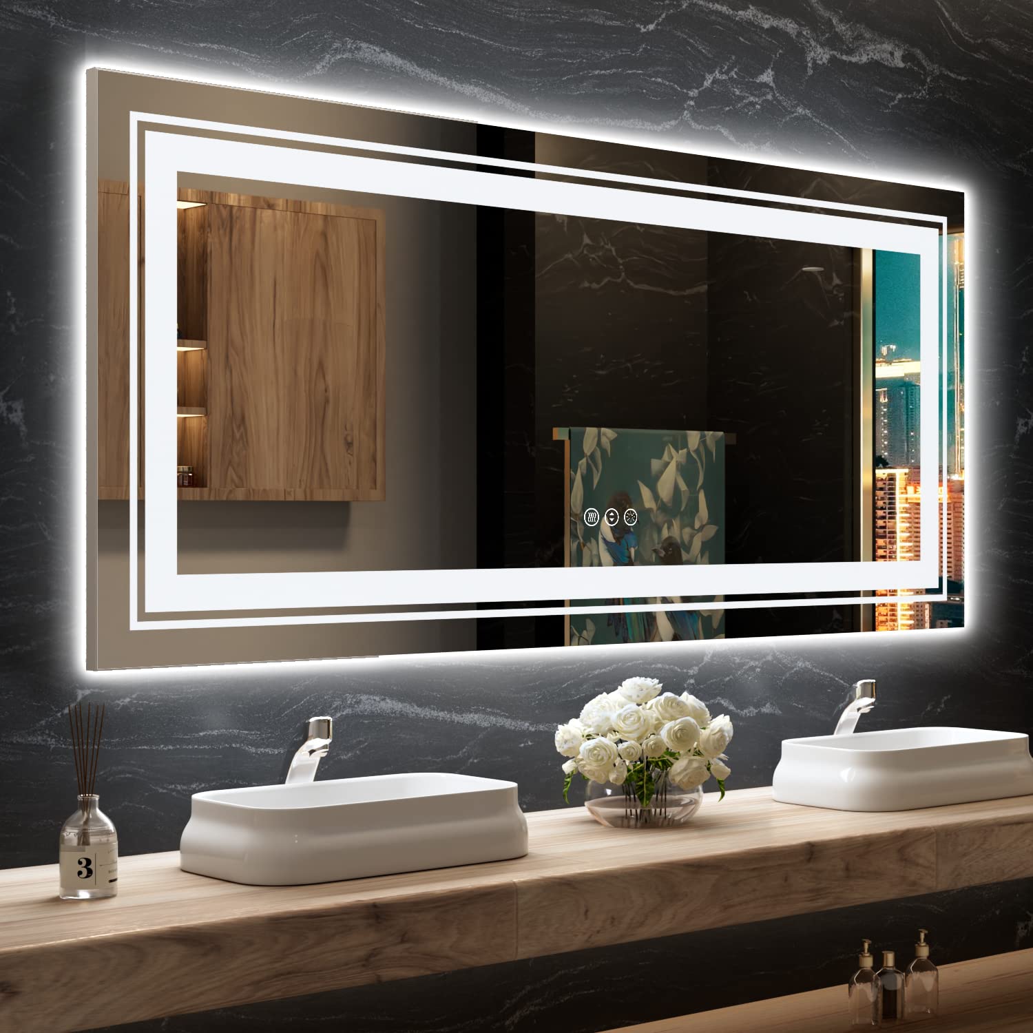 Snowdool LED Bathroom Mirror, 72"X32" with Front and Backlit, Anti-Fog, Large Bathroom Vanity Mirror for Wall, Memory Function, Stepless Dimmable, Tempered Glass (Horizontal/Vertical) Image