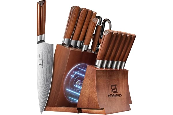 Kitchen Knife Sets with Block, Piklohas 15 Pieces Knife Sets with Magnetic Detachable Knife Holder, High Carbon Steel Damascu