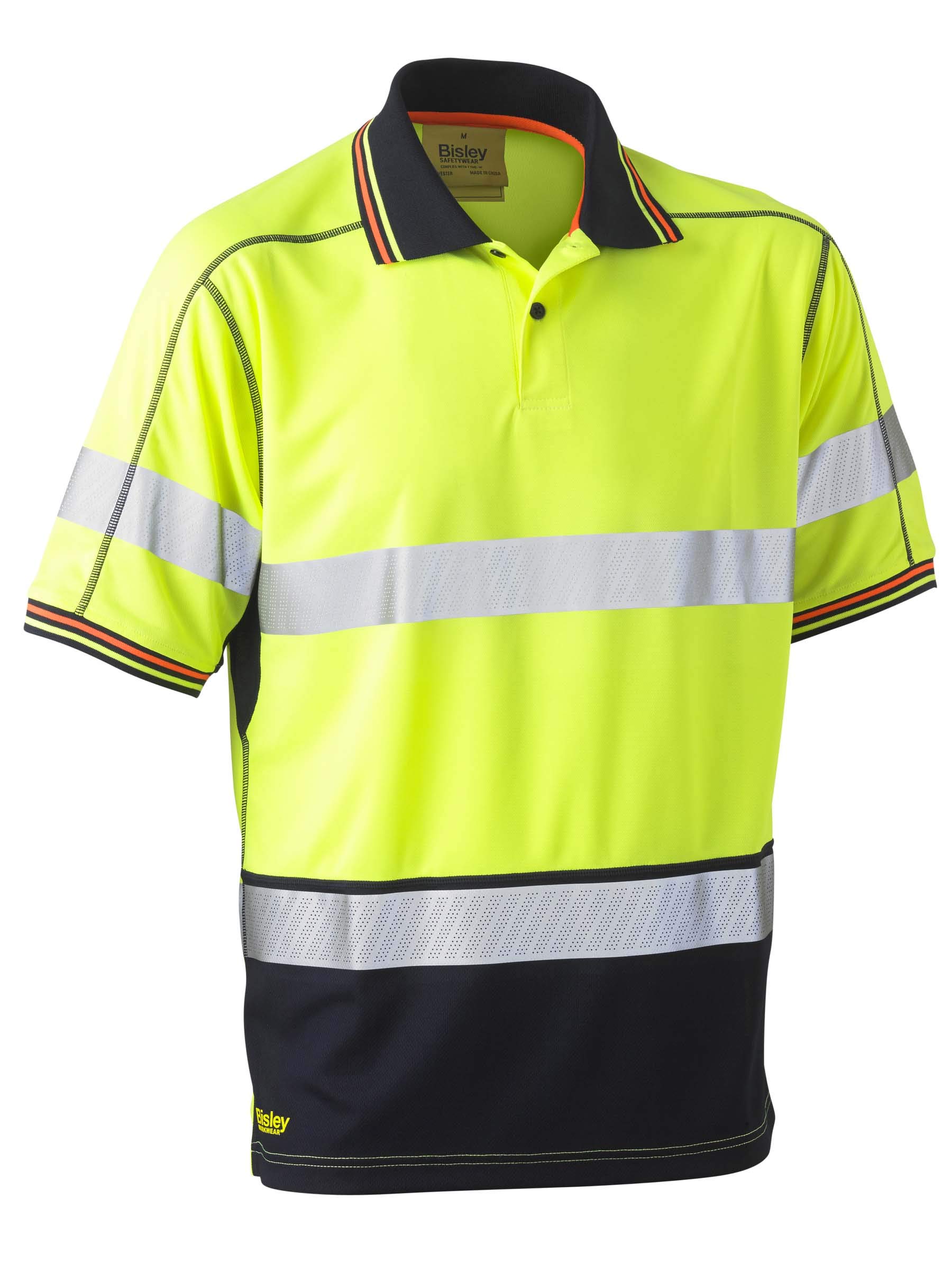 Bisley UKK1219T_TT04 Taped 2 Tone Hi-Vis Mesh Polo Shirt Long Sleeve - Yellow/Navy, 2X-Large