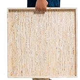 PEMAR Extra Large 20" Square Mother of Pearl Ottoman Tray with Insert Handles, Oversized Decorative Luxury Wooden Serving Tray for Food, Coffee Table, Breakfast in Bed (White Cream)