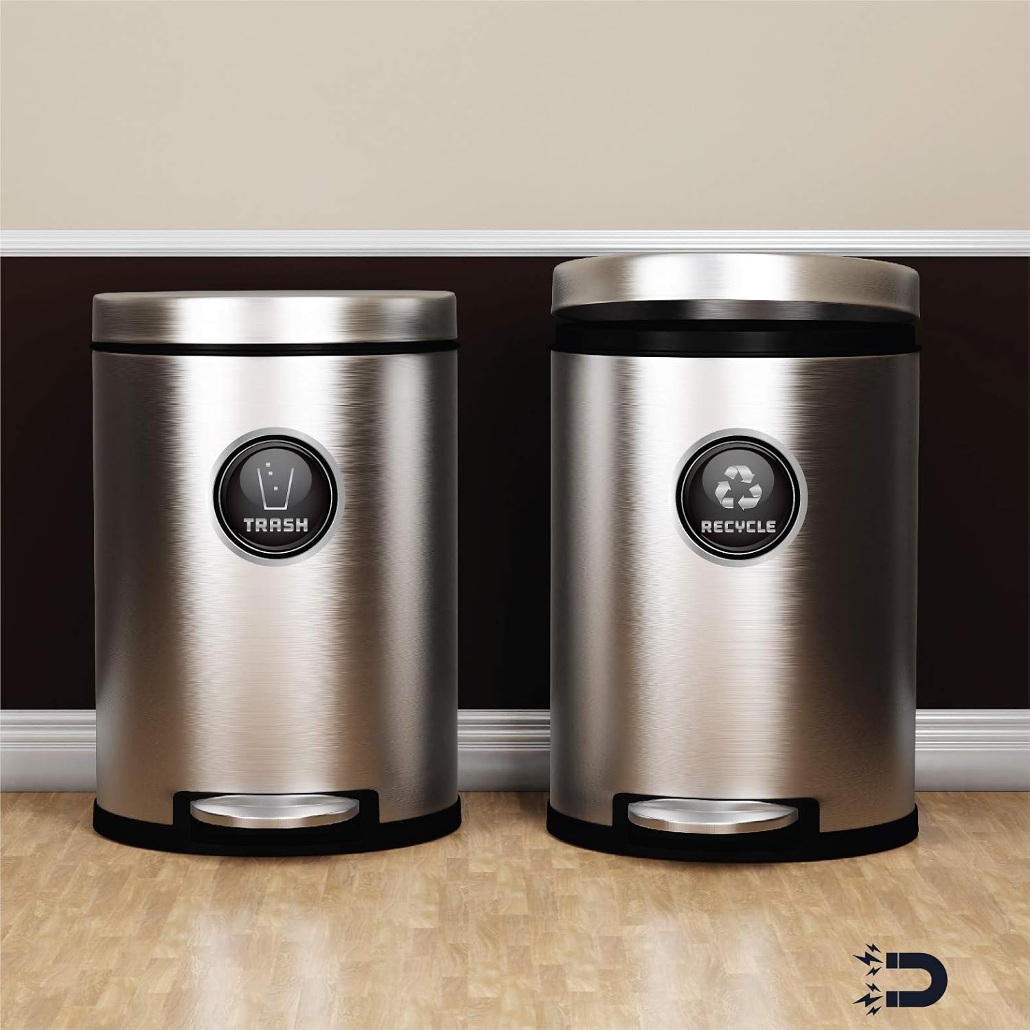 Recycle and Trash Logo Symbol - Elegant Golden Look for Trash Cans, Containers, and Walls - Laminated Vinyl Decal (XSmall, Silver - Magnetic) - - 