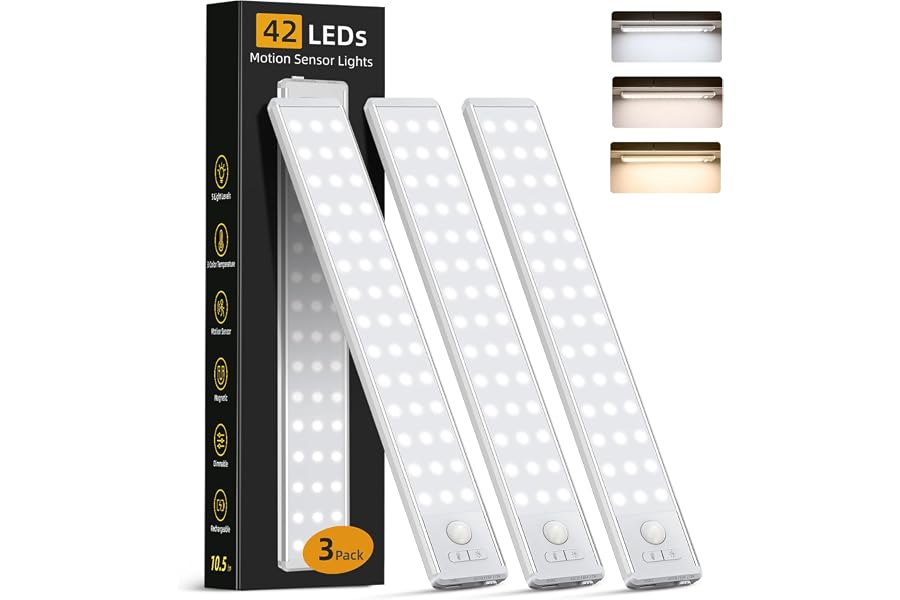 10.5inch Under Cabinet Lighting Wireless, Motion Sensor Light Indoor 3PCS | 3 Color Temps & 5 Level Brightness, Rechargeable Magnetic Closet Light Under Counter Lights for Kitchen, Bedroom, Stair