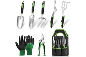 CAJMOLS Gardening Tool Set, 8 Piece Garden Tools Set with Bag, Heavy Duty Stainless Steel Garden Tools Set Kit, Outdoor Hand Tools, Ideal Garden Tool Kit Gifts for Women Green