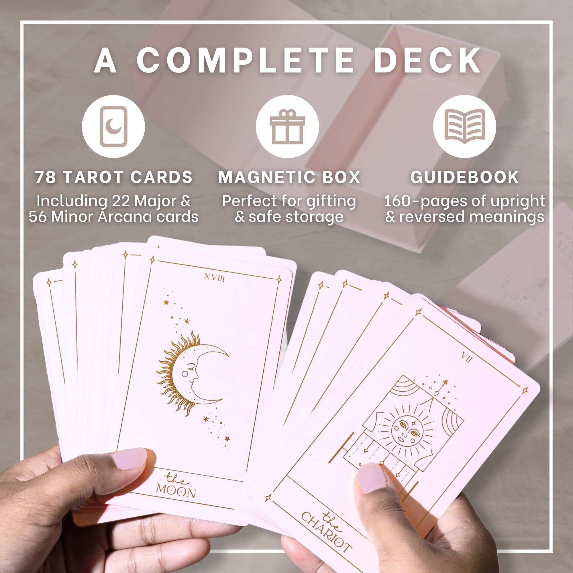 Soleia Original Tarot Card Deck with Guide Book & Box | 78 Gold Foil Tarot Cards for Beginners & Experts | Modern Rider Waite Tarot Deck | Tarot Gift for Adults | Pink Cards