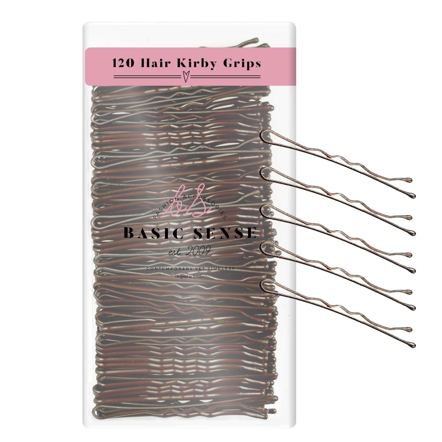 BasicSense 120 PCS Essential Wavy Kirby Metal Bobby Pins Grips Hairpins Plastic Box Package for Storage, 5cm(2 inch), Matt Brown