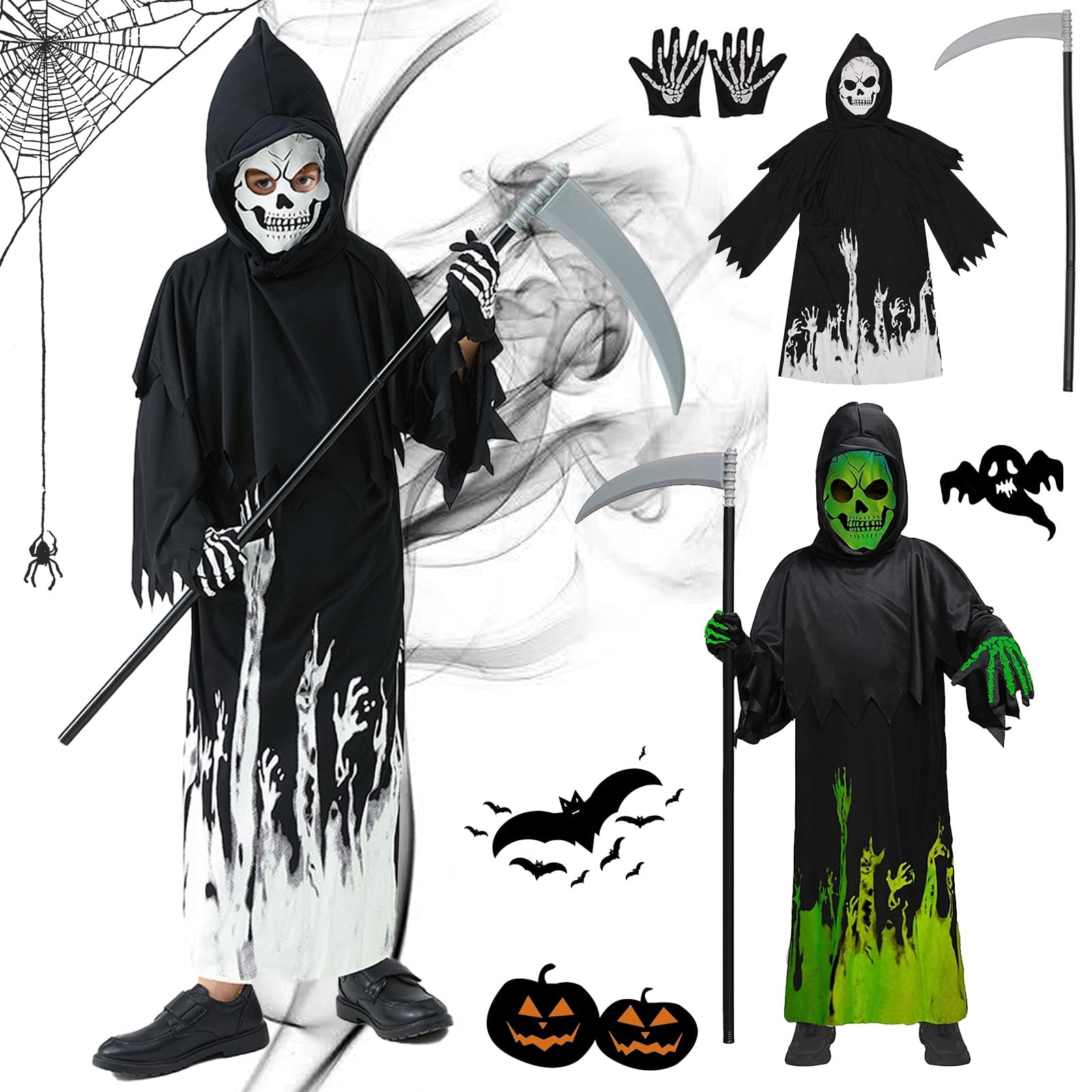 HIQE-FL Grim Reaper Costume Children, Glow in The Dark 110-140 with Scythe Gloves, Halloween Costume Children, Grim Reaper Cape with Hood Children, Ghostface Scream Reaper Costume Children for