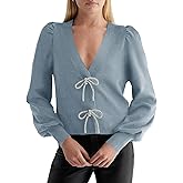 Saodimallsu Womens Puff Long Sleeve Sweaters V Neck Cropped Bow Button Front Cozy Knit Cardigan Sweater Tops Grey-Blue