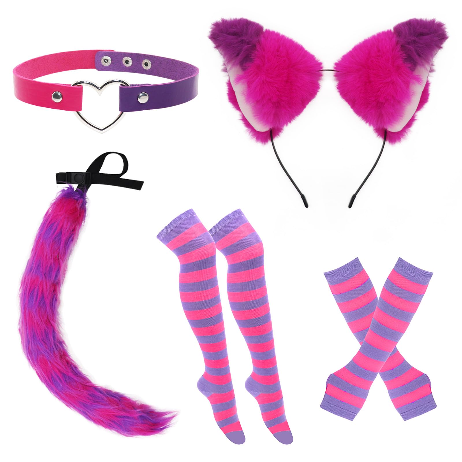 GLGHMH 7PCS Pink Purple Striped Cat Costume, Fluffy Faux Fur Fox Cat Ears Hair Headband Socks Tail Gloves Choker Set, Halloween Cosplay Accessories for Women Adults Cosplay