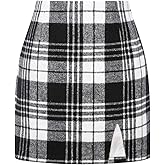 Plaid Mini Skirts for Womens High Waisted Fall Winter Wool Bodycon Pencil Skirts with Slit