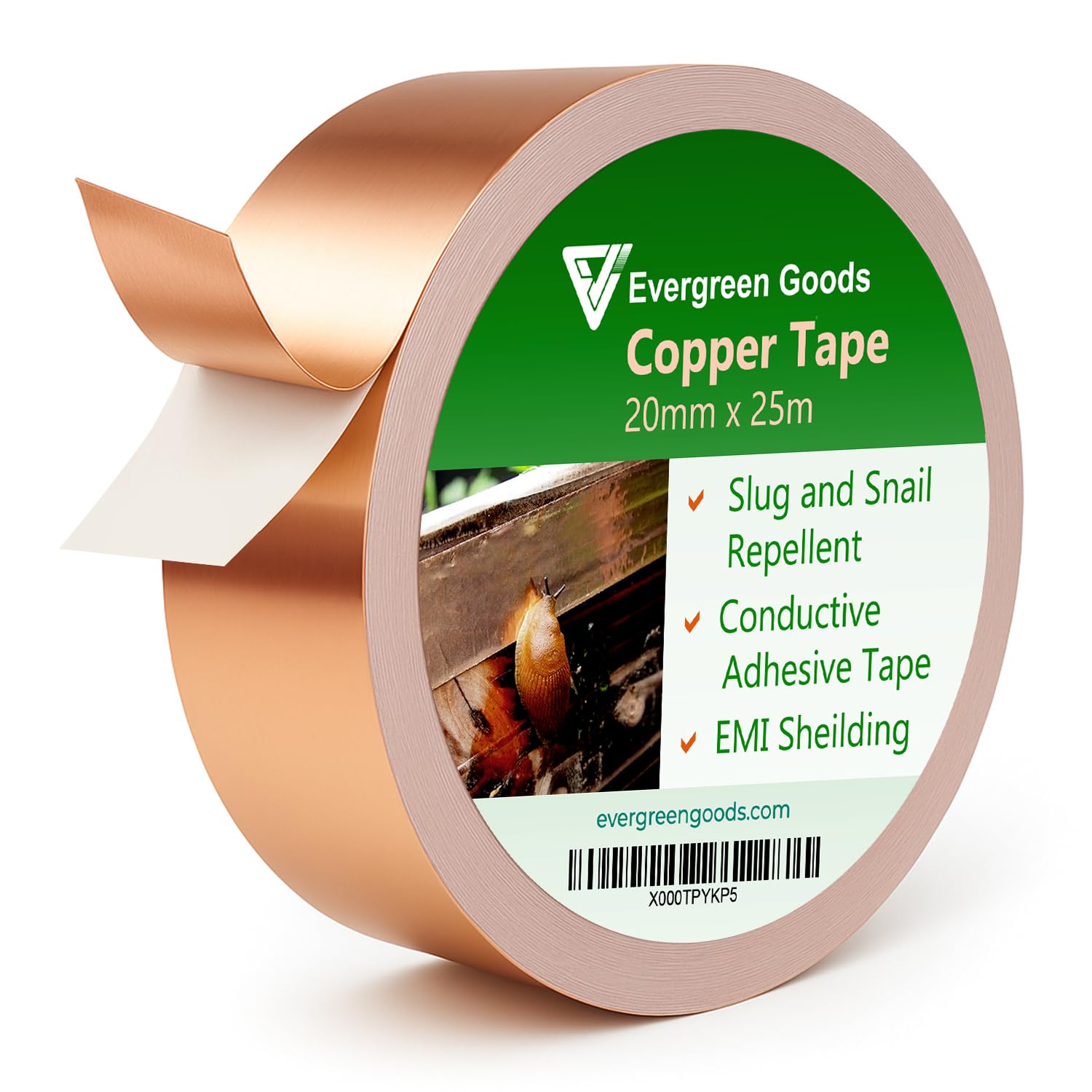 EVG 20mm x 25m Copper Slug Tape | Adhesive Copper Slug Snail Repellent | Pest Deterrent Barrier Tape | Humane Pest Control | Gardens & Plants Protection (1 Roll)