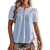 Falechay Womens Tops Puff Sleeve Blouses Casual Flowy Button Up Shirts for Summer Spring Fall Work Henley V-Neck Tunic Boho Hide Belly Clothing 2025 Blue Small
