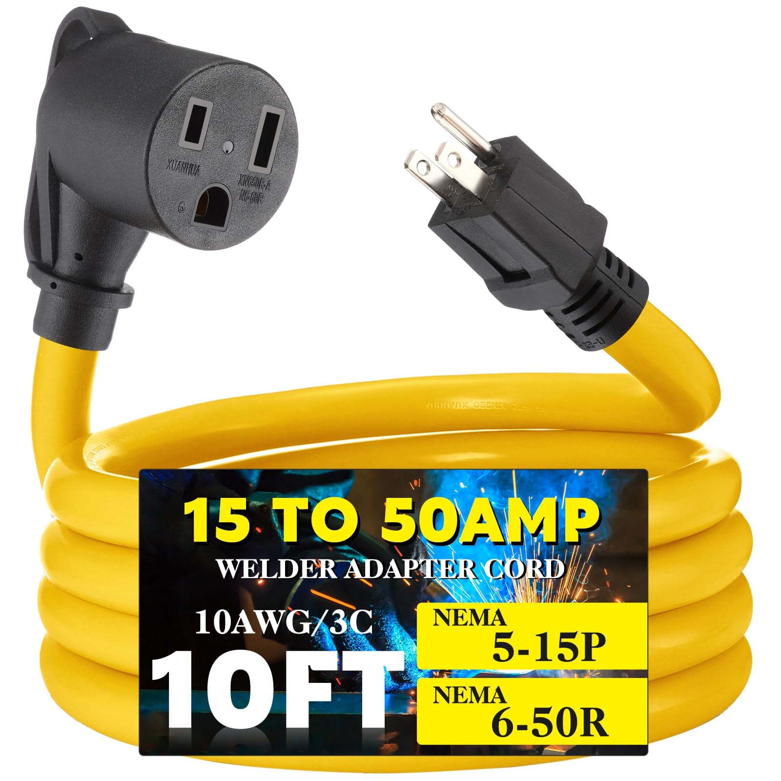 Photo 1 of Tellegloww 10ft 15Amp to 50Amp Welder Extension Cord, Compatible with NEMA 5-15P Male to 6-50R Female 15Amp 3 Prong to 3 Prong Welder Power Adapter, STW 10 AWG/3C, 15 Amp 250V 3750 Watt ETL Listed