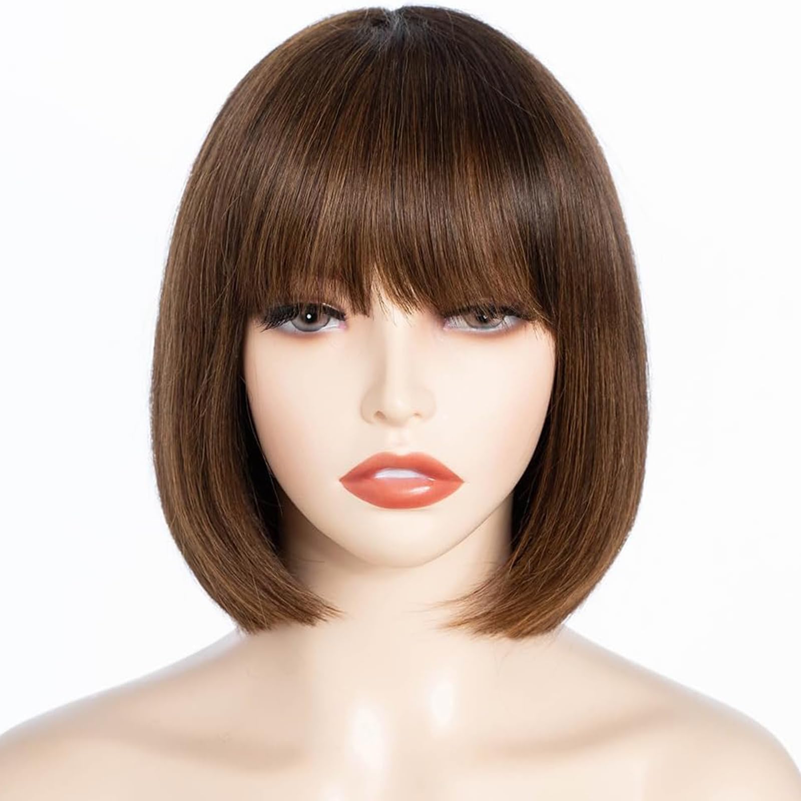 FASHION IDOL Bob Human Hair Wig with Bangs for Black Women Short Straight Hair 8 Inch Brown Glueless Machine Made Short Bob Wigs