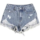 SOLY HUX Women's Ripped Raw Hem Jean Shorts High Waisted Straight Leg Denim Shorts Streetwear