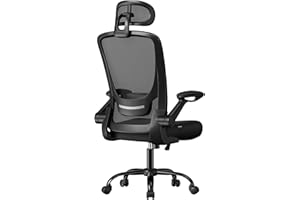 SONGMICS Office Chair, Mesh Swivel Chair, Ergonomic Lumbar and Head Support, Tilt Function, Wide Seat, Foldable Armrests, for