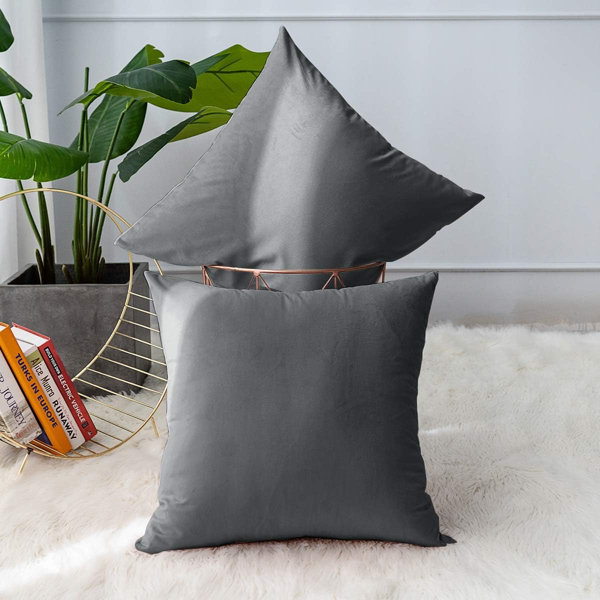 MUDILY Pack of 2 Velvet Soft Decorative Square Throw Pillow Covers Cushion Case Pillowcases for Sofa Chair Bedroom Car, Grey 20 x 20 Inch