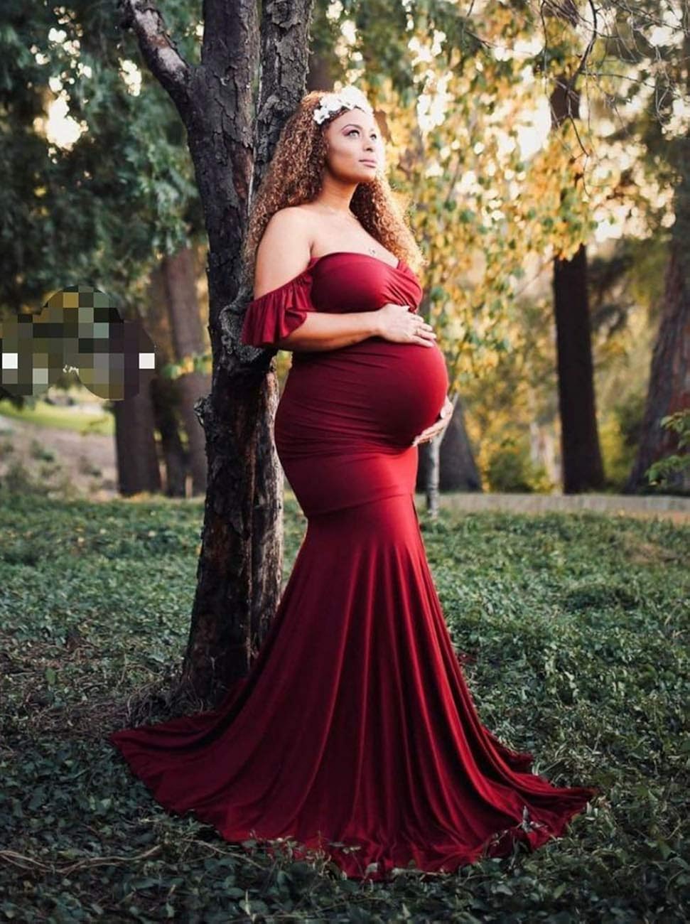 Saslax Off Shoulder Ruffle Sleeves Elegant Fitted Maxi Maternity Dress for Photoshoot Baby Shower: Clothing