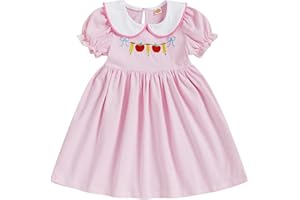 Mobbdow Toddler Girl Back to School Dress Embroidery Short Sleeve Smocked Dress First Day of Preschool Kindergarten Outfit