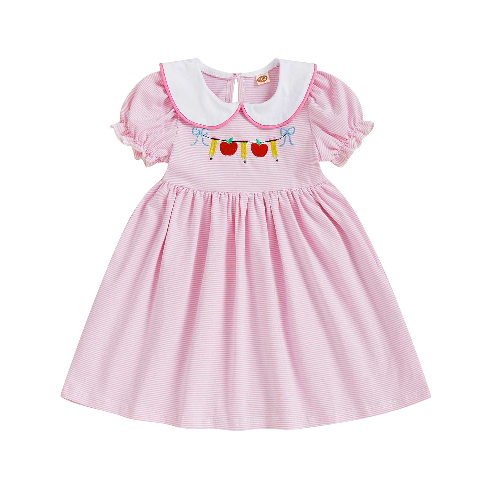 Photo 1 of Socutebabe Toddler Girl Back to School Clothes First Day of School Dress Cute Doll Collar Pre Kindergarten Outfits for Girls (Pencil Embroidered Pink, 4-5 Years)