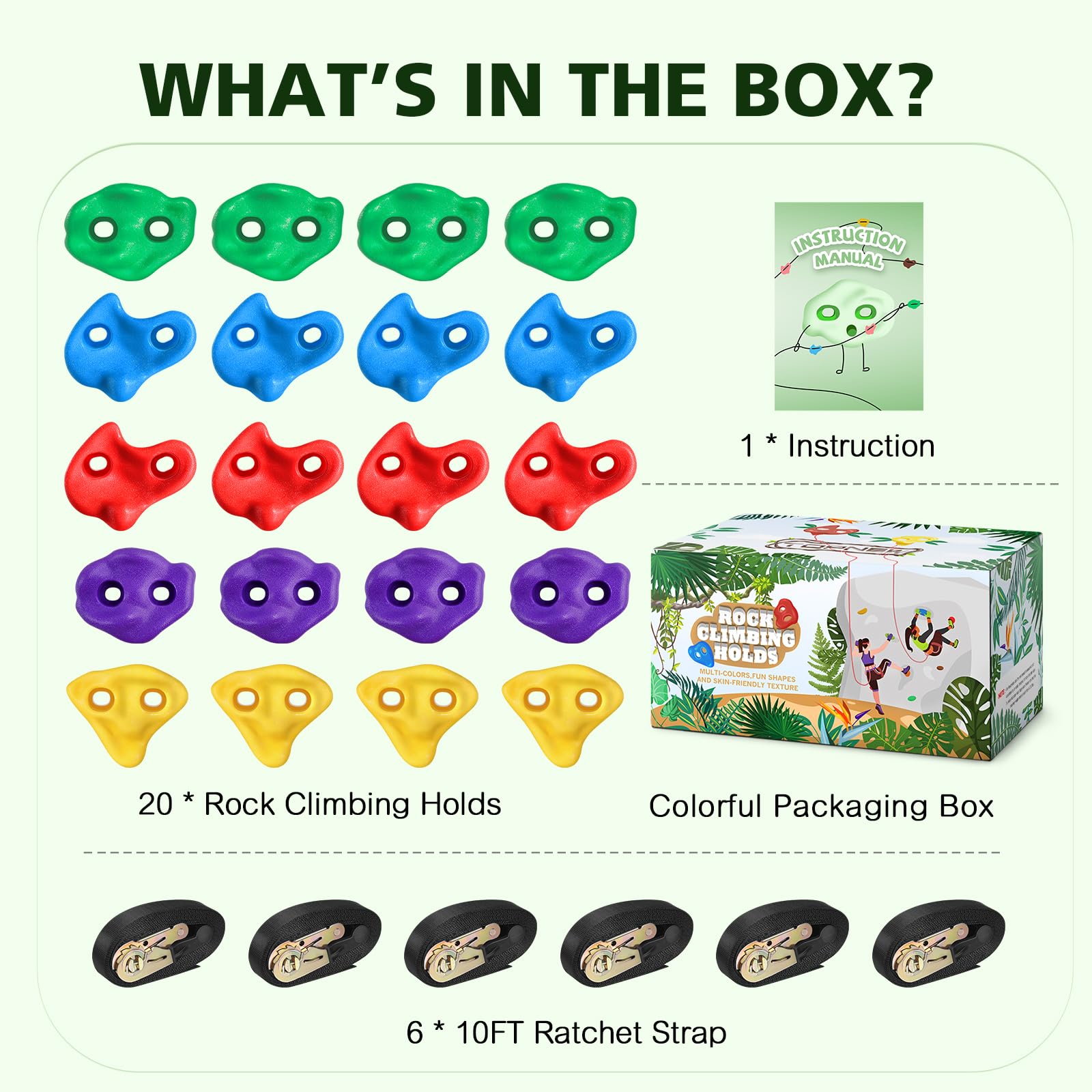 TOPNEW 20 Ninja Tree Climbing Holds for Kids Climber, Adult Climbing Rocks with 6 Ratchet Straps for Outdoor Ninja Warrior Obstacle Course Training