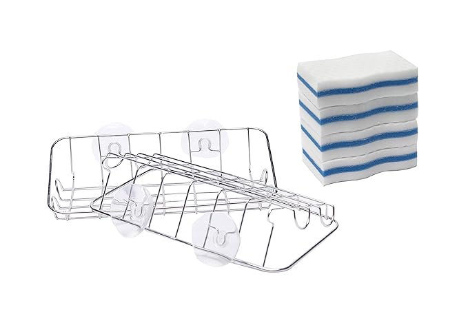 Ltwhome Stainless Steel Suction Soap Sponge Holder with 4 Cleaning Sponges for Kitchen, Bathroom (Pack of 5)